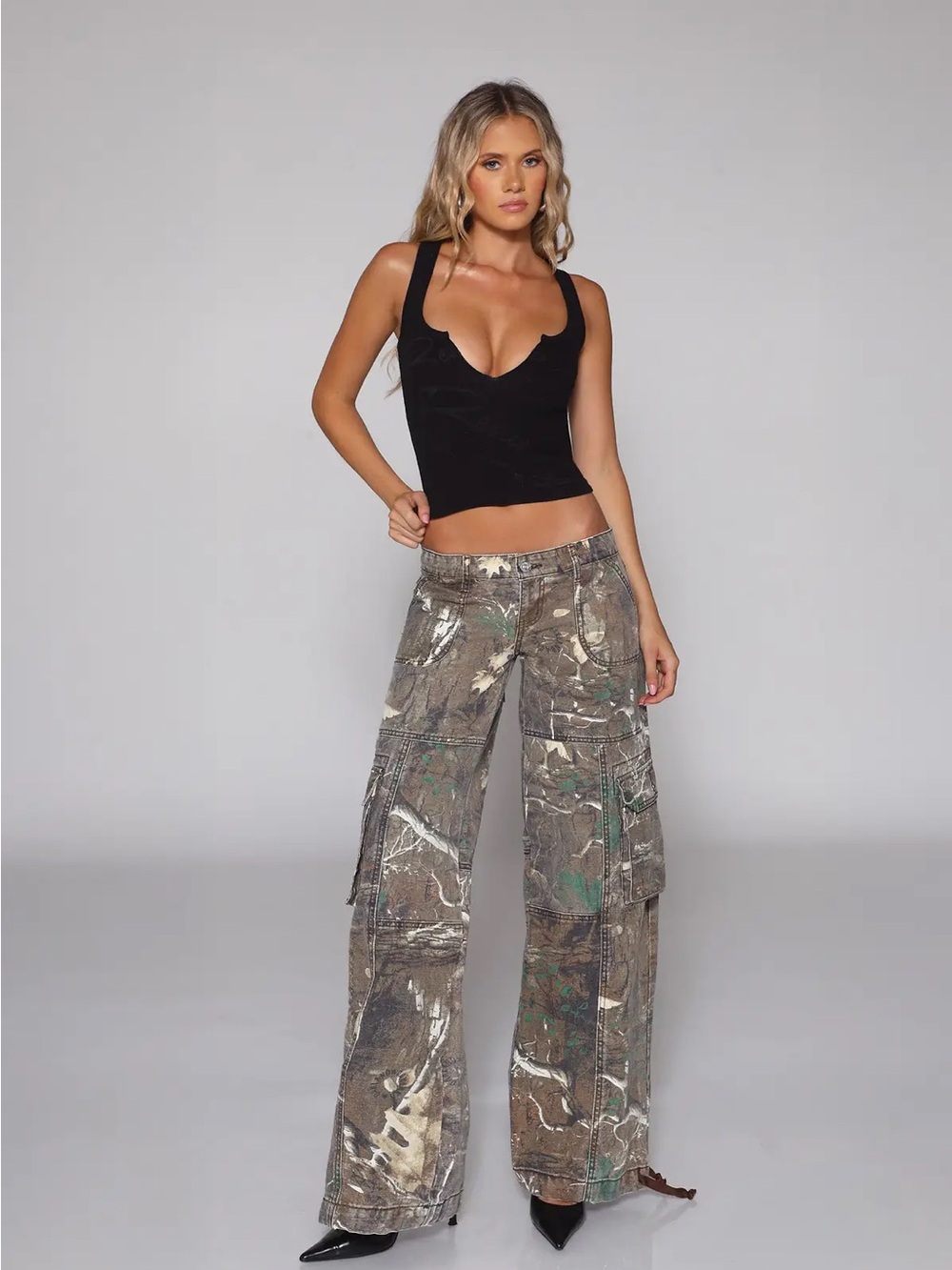 REVICE Camouflage Wide Leg Cargo Jeans in Brown & Green